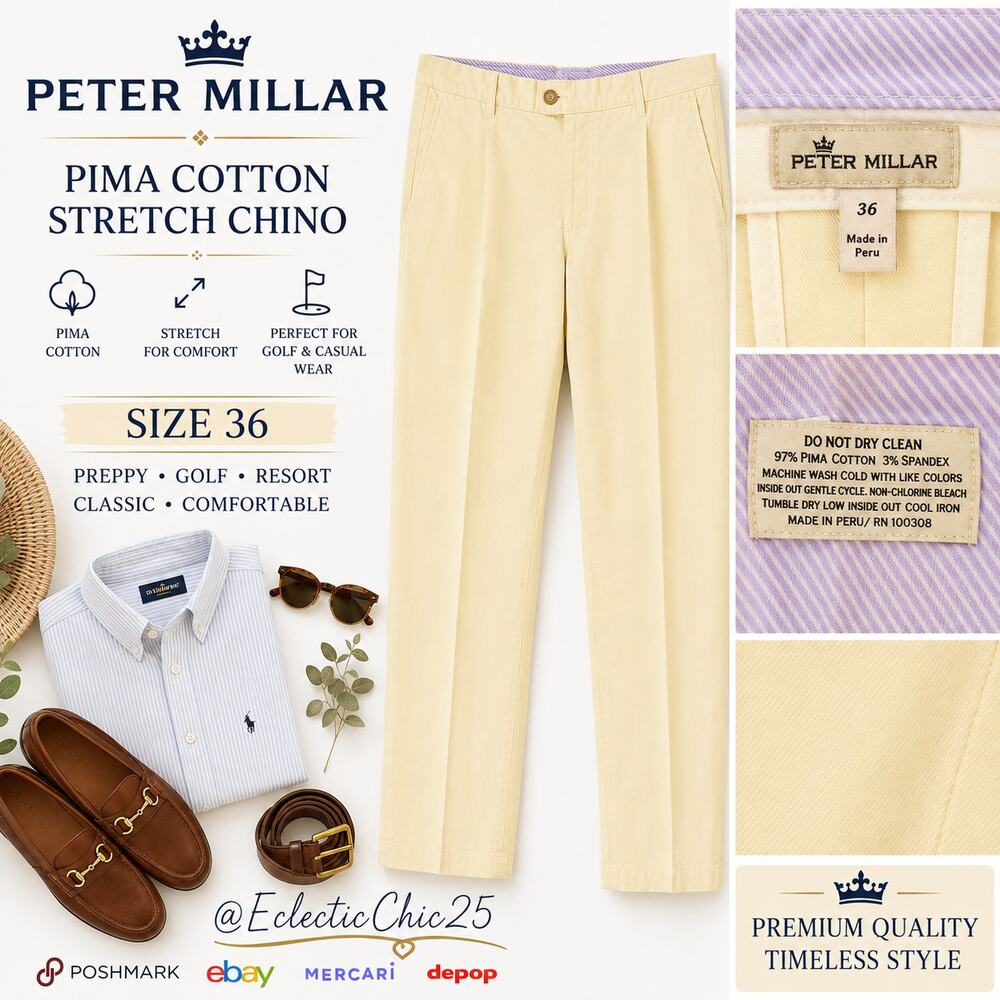 Peter Millar Men’s Chino Pants 36 Pale Yellow Pima Cotton Stretch Golf Preppy